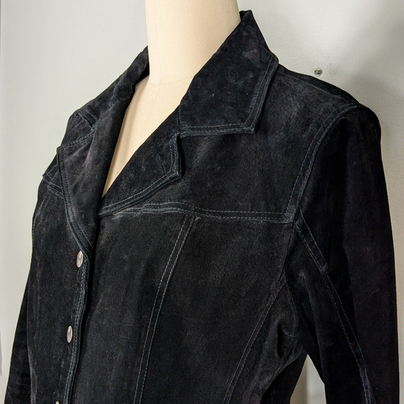 Suede Leather Jacket L Black Y2K Snap Up Boho Western Retro Blazer Black L - Picture 1 of 12